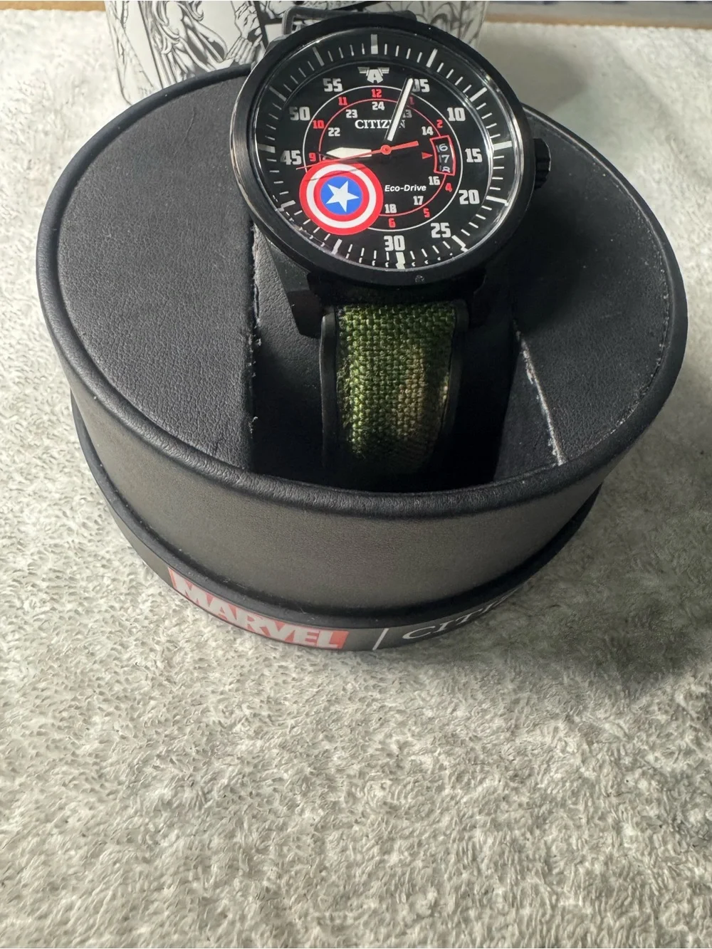 #213 Citizen Men's Black Watch with Red, Blue and White Accents